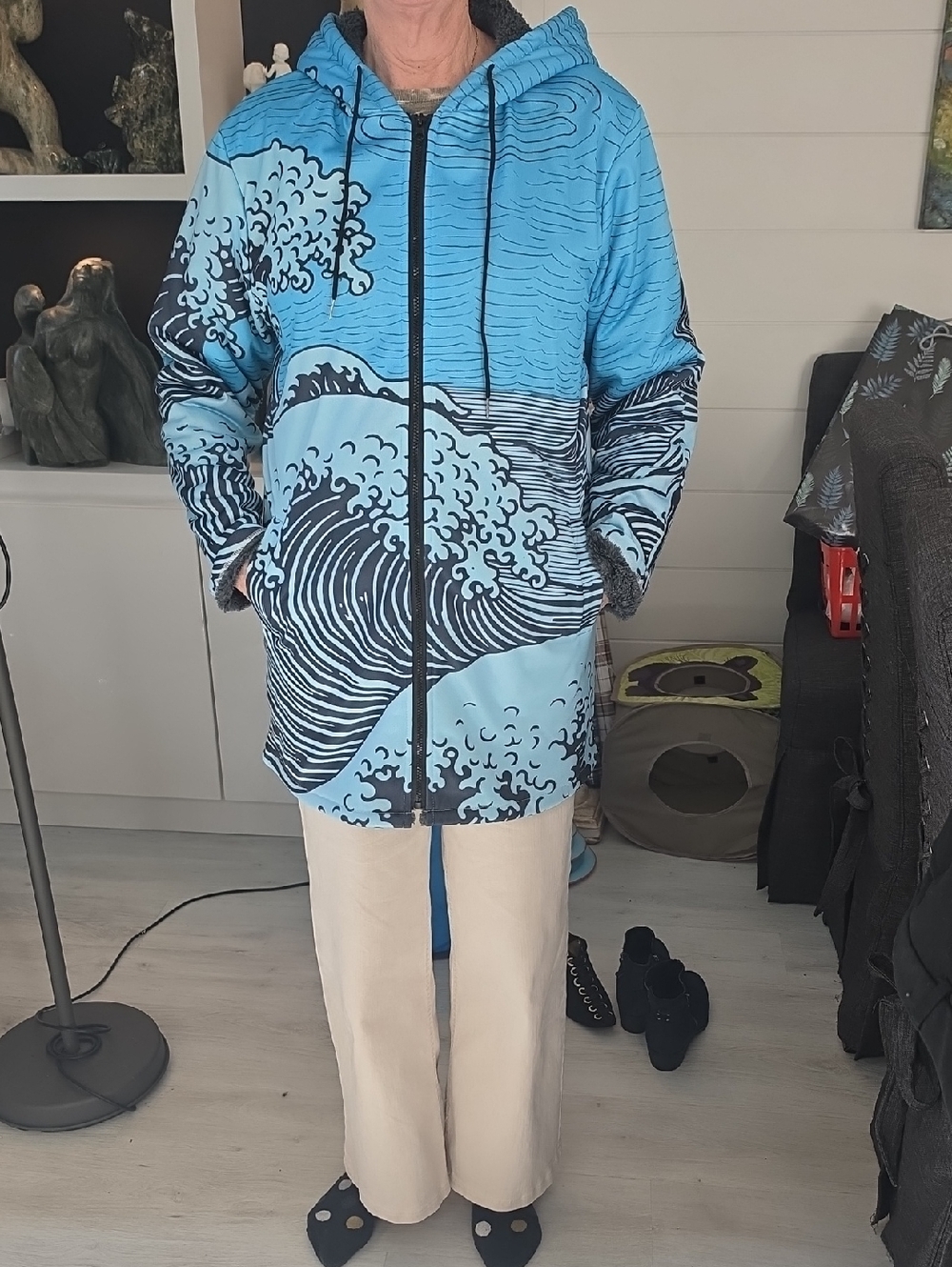 Blue Wave Print Hooded Zip Jacket
